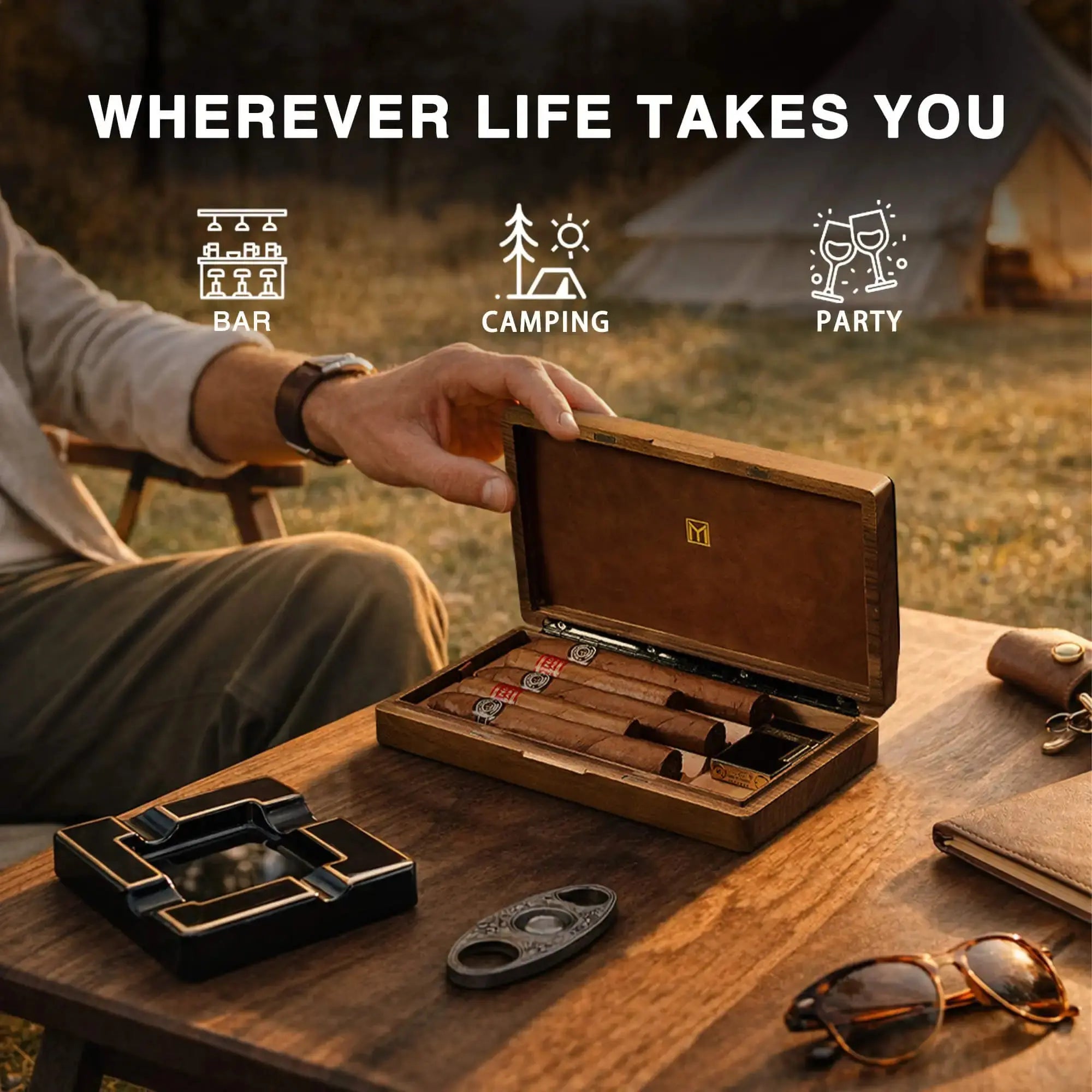 MOZSLY Portable Walnut Wood Cigar Box -- MOZSLY