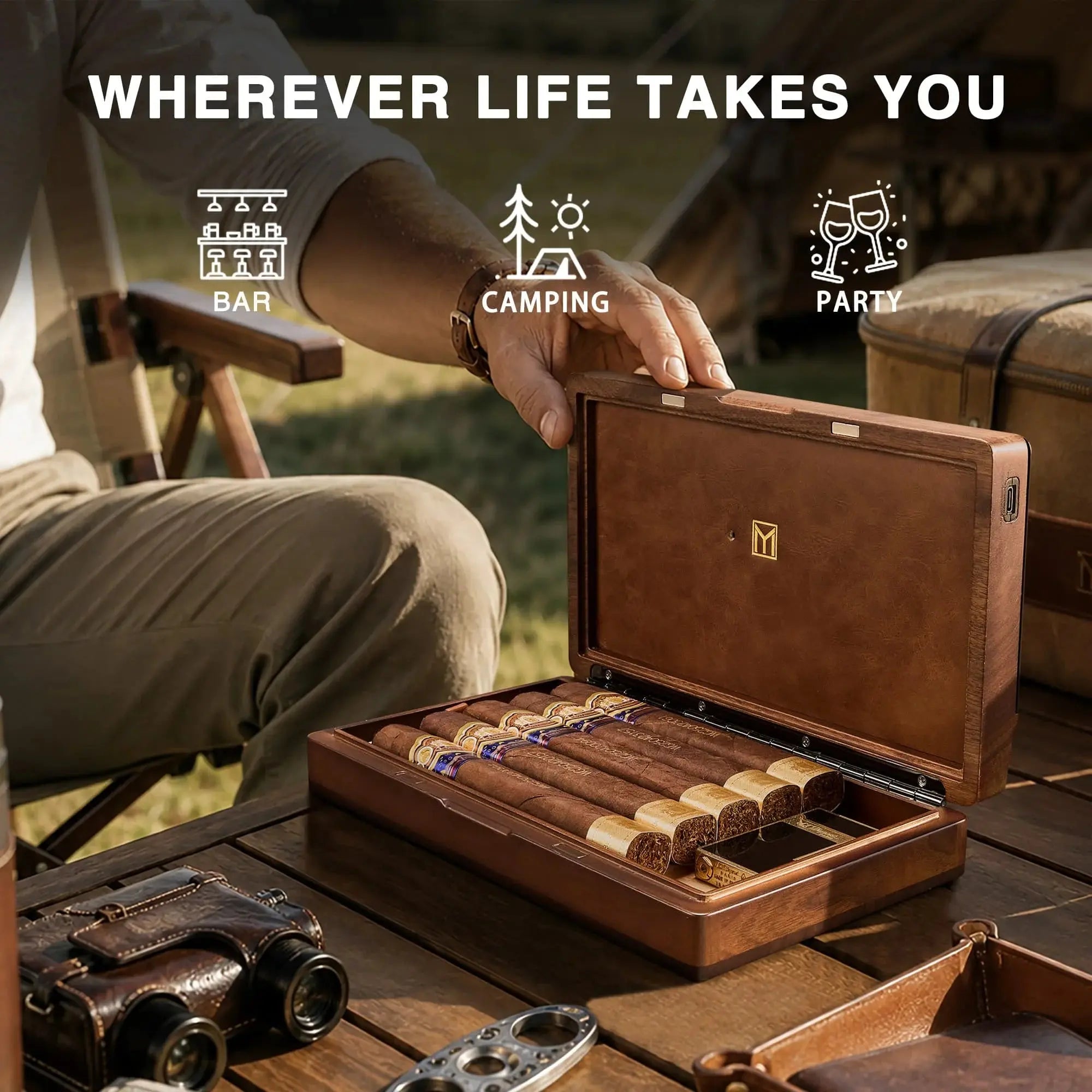 MOZSLY Portable Walnut Wood Travel Cigar Humidor Box-Capo Pro (With Digital Display)