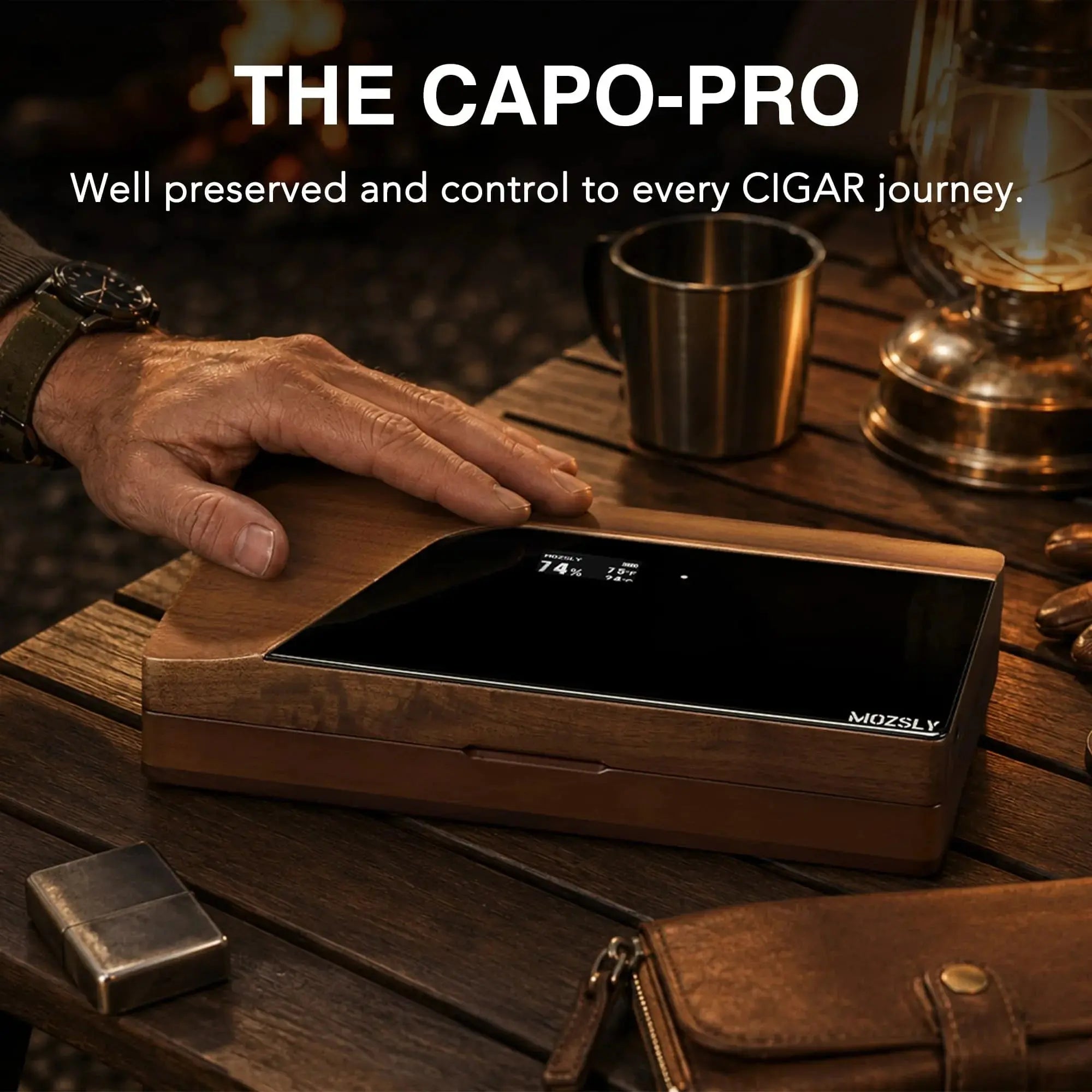 MOZSLY Portable Walnut Wood Travel Cigar Humidor Box-Capo Pro (With Digital Display)