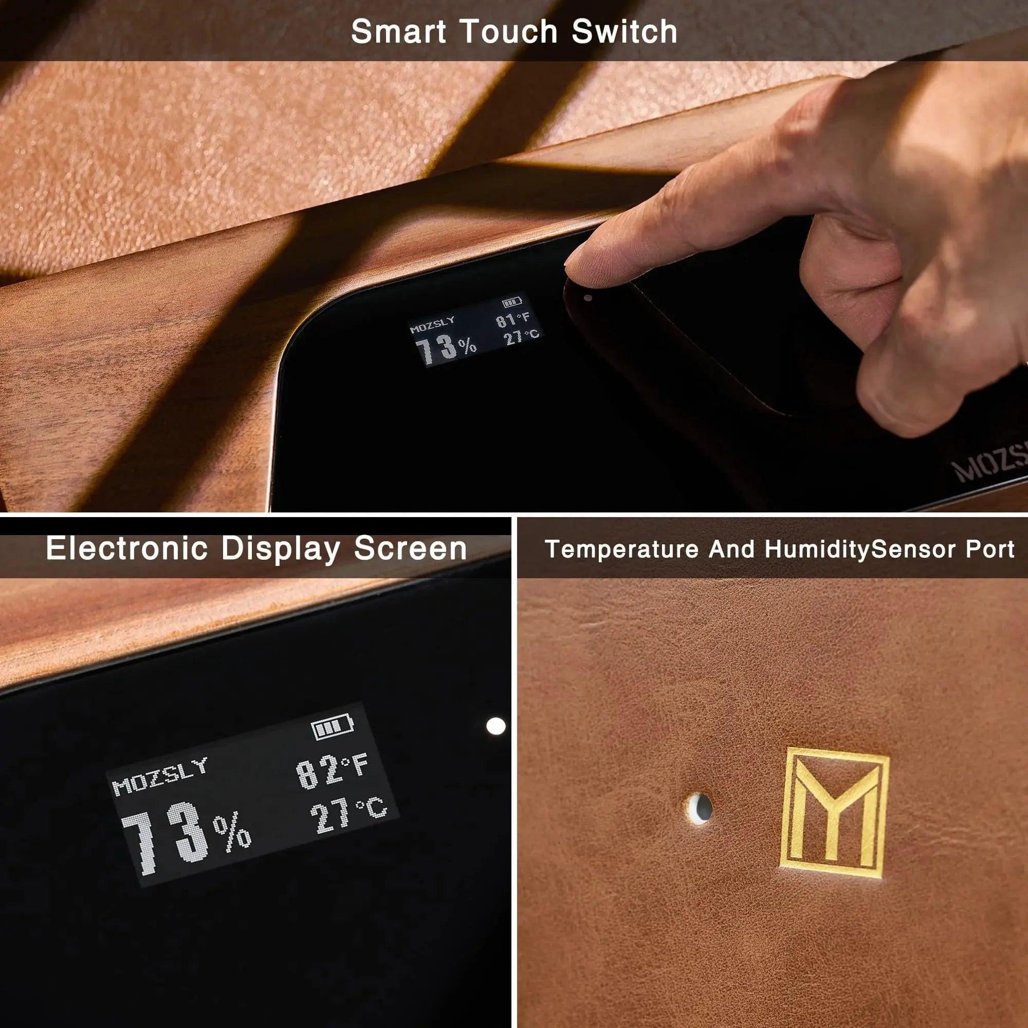 MOZSLY Portable Walnut Wood Travel Cigar Humidor Box-Capo Pro (With Digital Display)