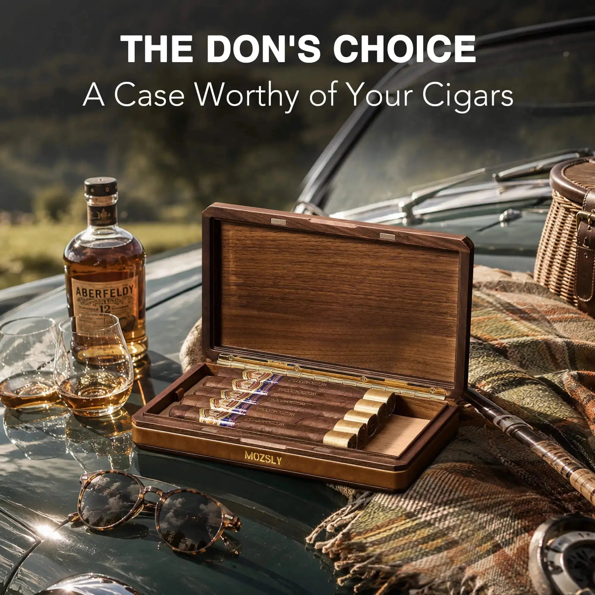 MOZSLY Portable Walnut Wood & Leather Travel Cigar Humidor Box - The Baron