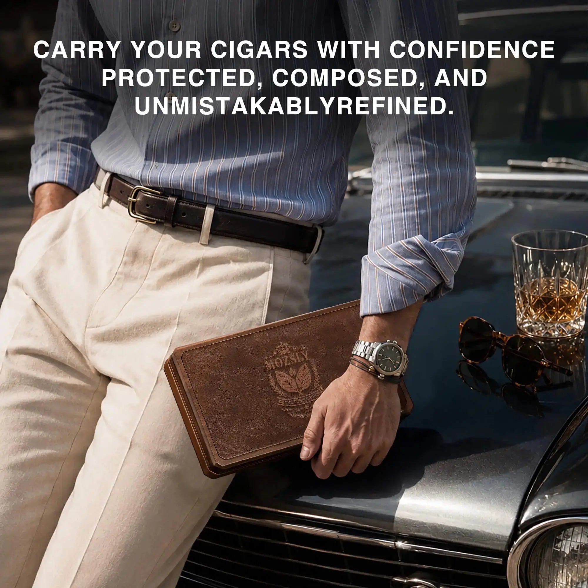 MOZSLY Portable Walnut Wood & Leather Travel Cigar Humidor Box - The Baron
