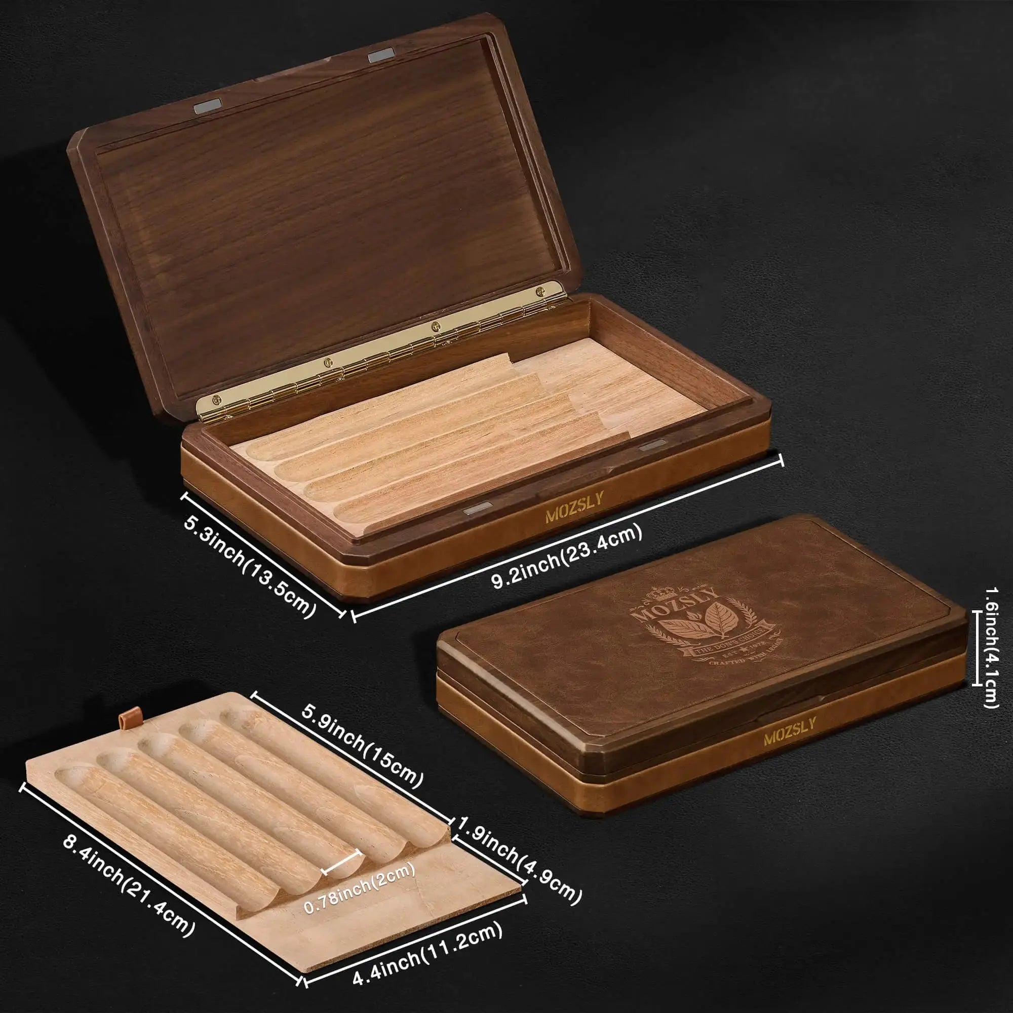 MOZSLY Portable Walnut Wood & Leather Travel Cigar Humidor Box - The Baron