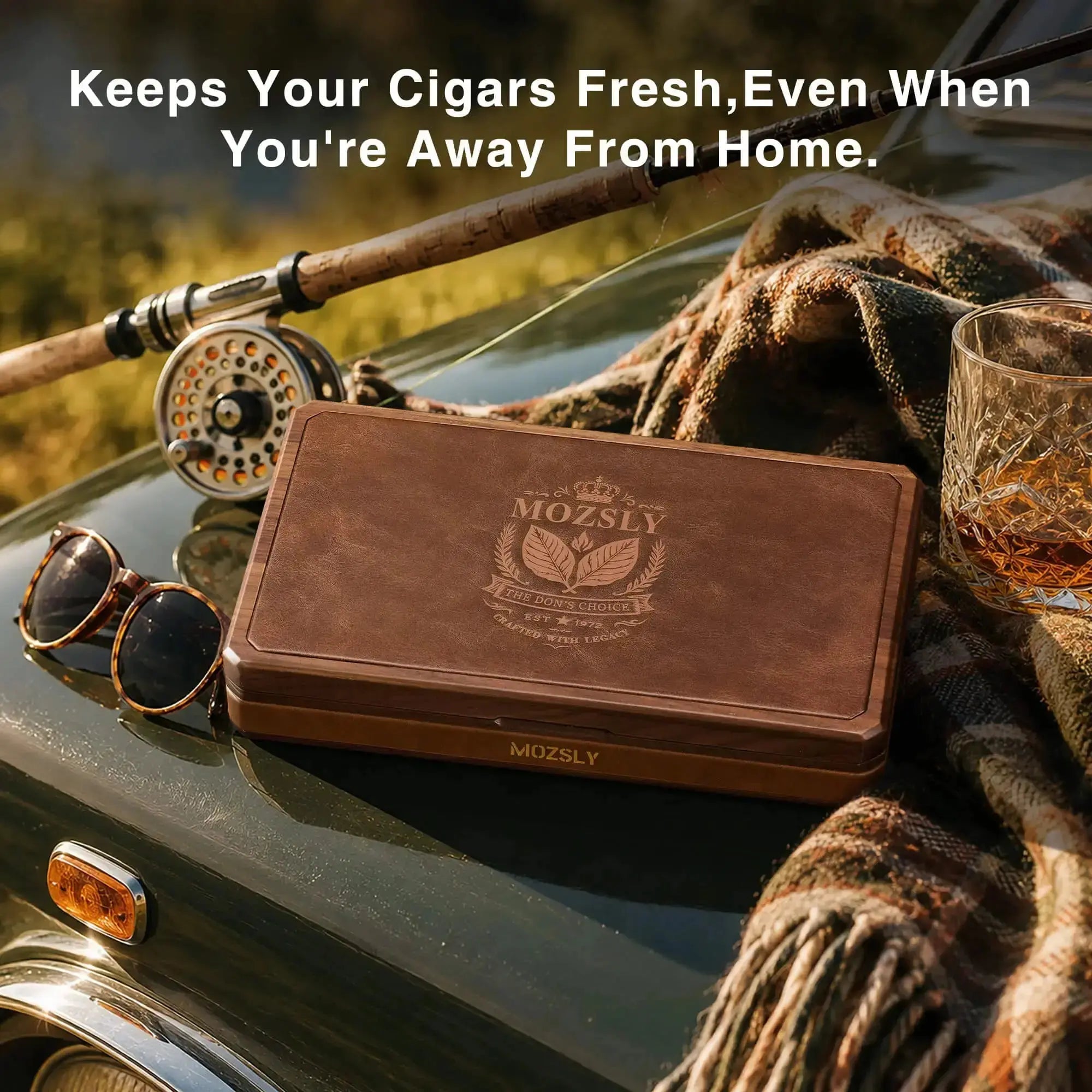 MOZSLY Portable Walnut Wood & Leather Travel Cigar Humidor Box - The Baron MOZSLY