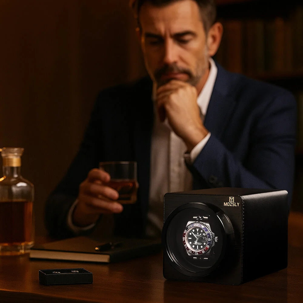 MOZSLY® Black Knight Single Watch Winder - Black Leather -- MOZSLY