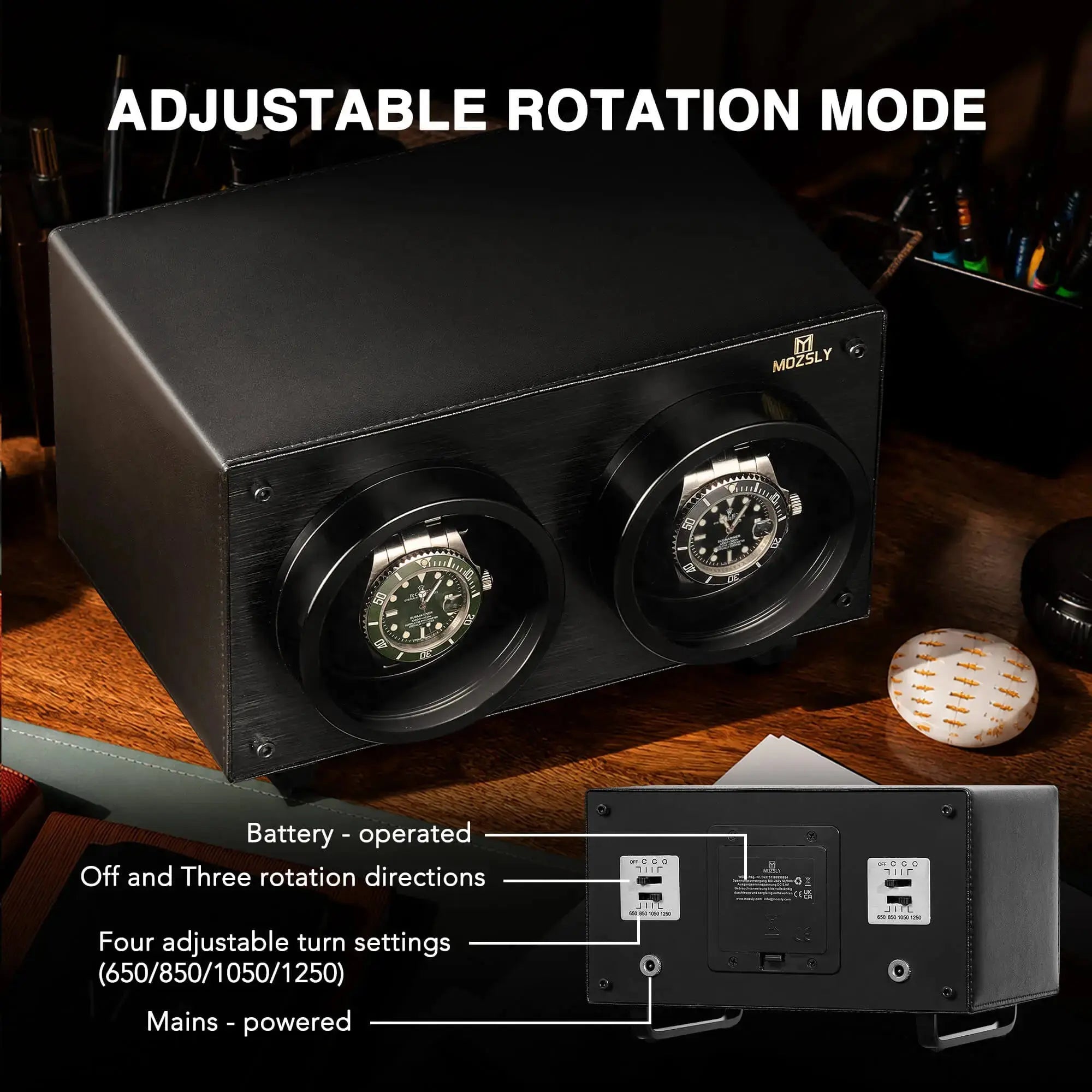 MOZSLY® Black Knight Double Watch Winder - Black Leather_04