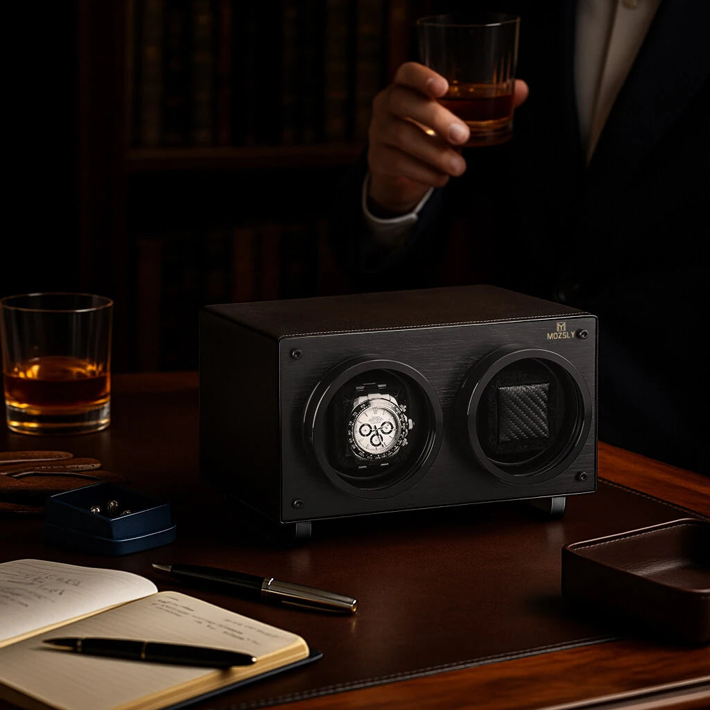 MOZSLY® Black Knight Double Watch Winder - Black Leather -- MOZSLY