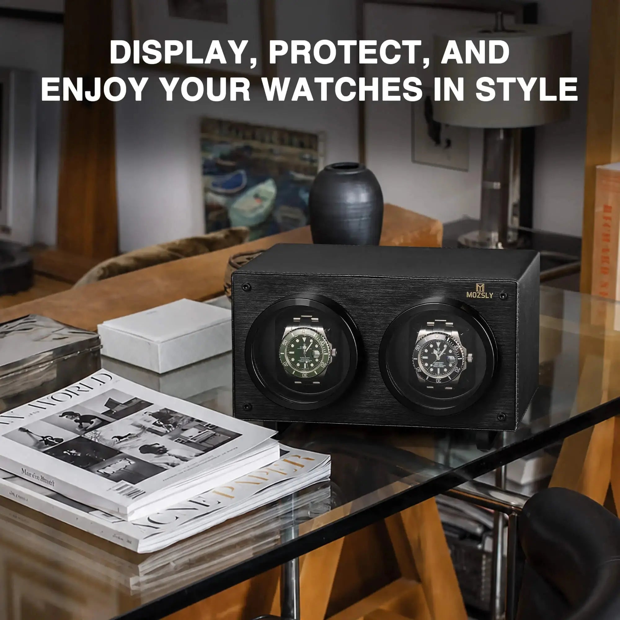MOZSLY® Black Knight Double Watch Winder - Black Leather_08