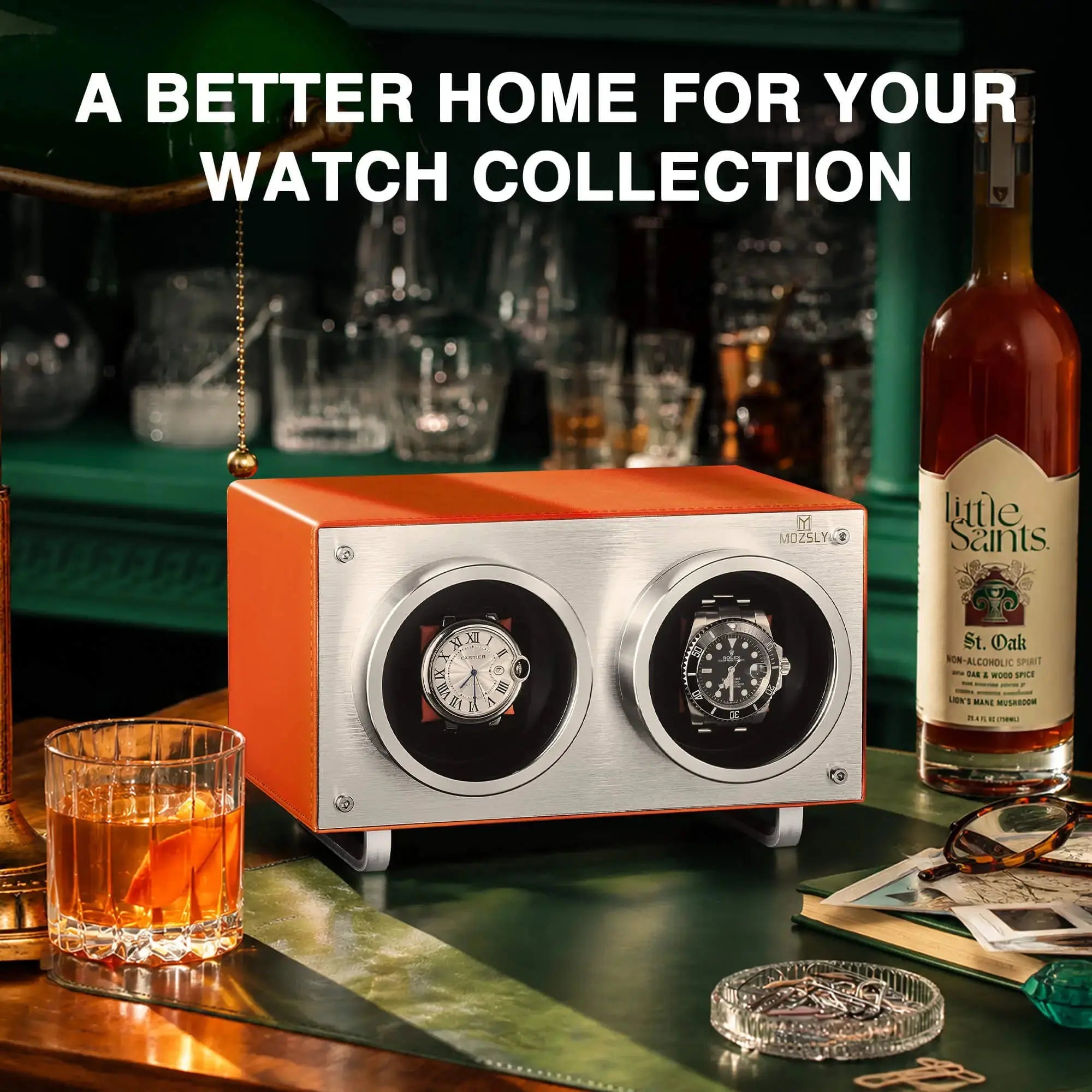MOZSLY® Double Watch Winder -Orange Leather Secondary image