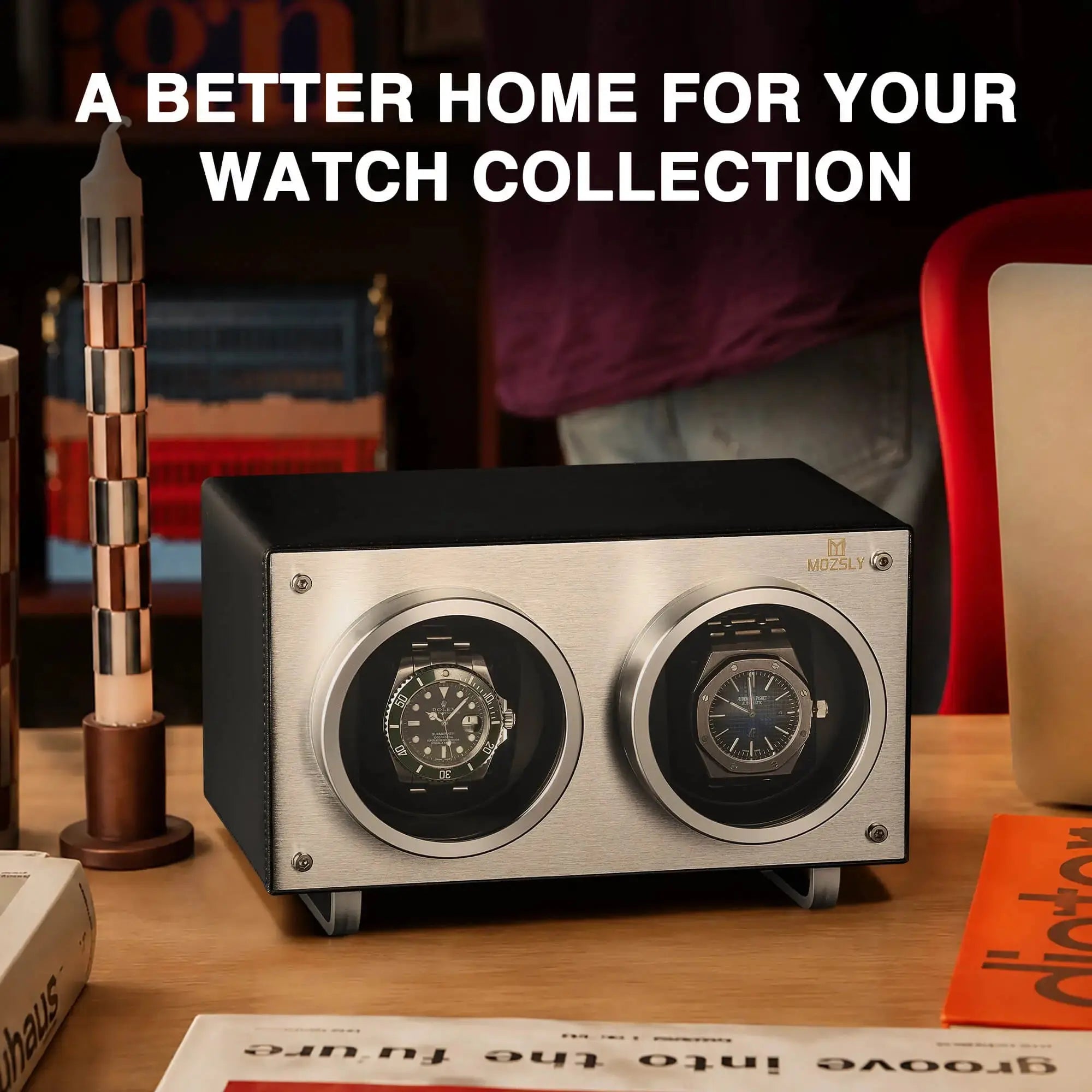 MOZSLY® Double Watch Winder - Black Leather Secondary image