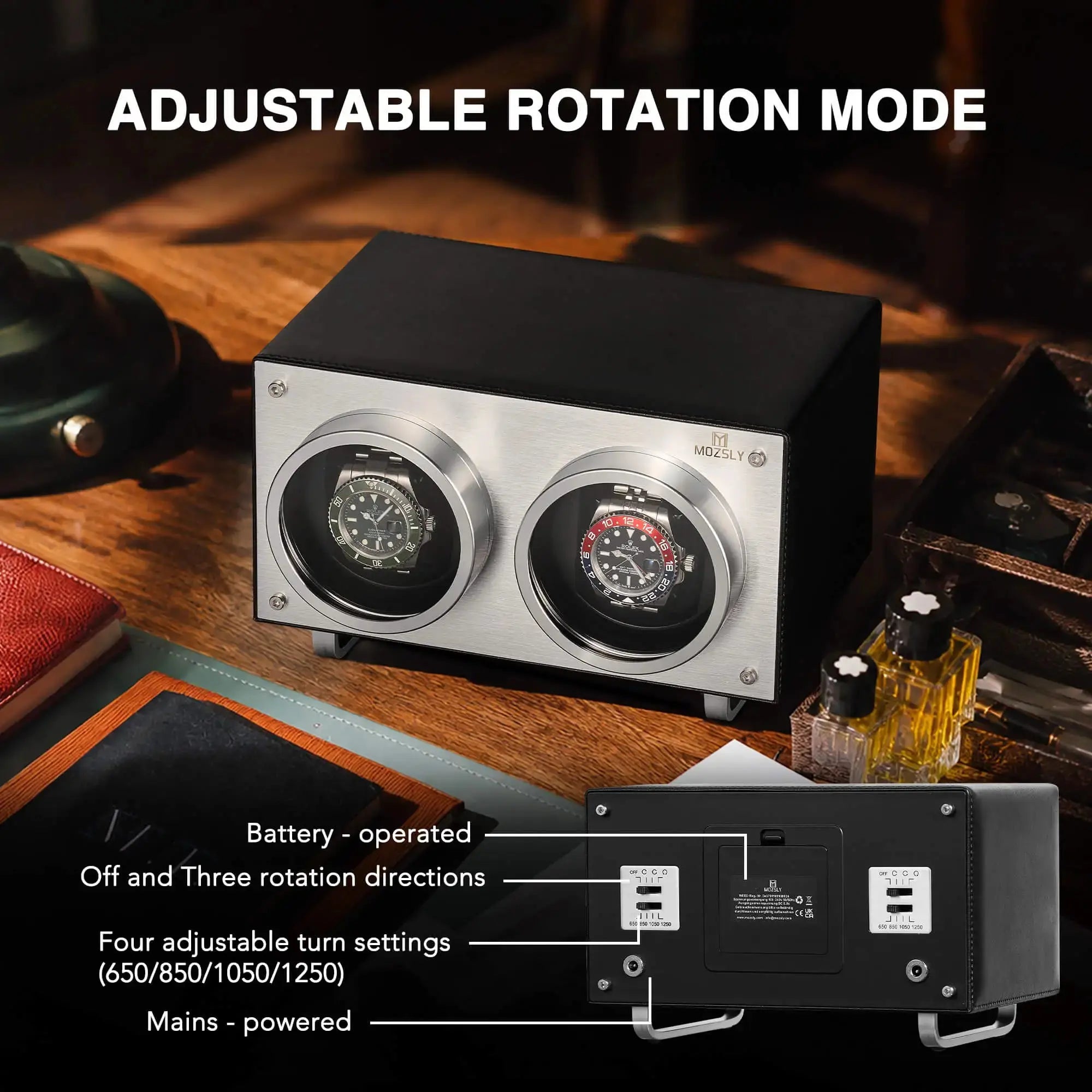 MOZSLY® Double Watch Winder - Black Leather_03