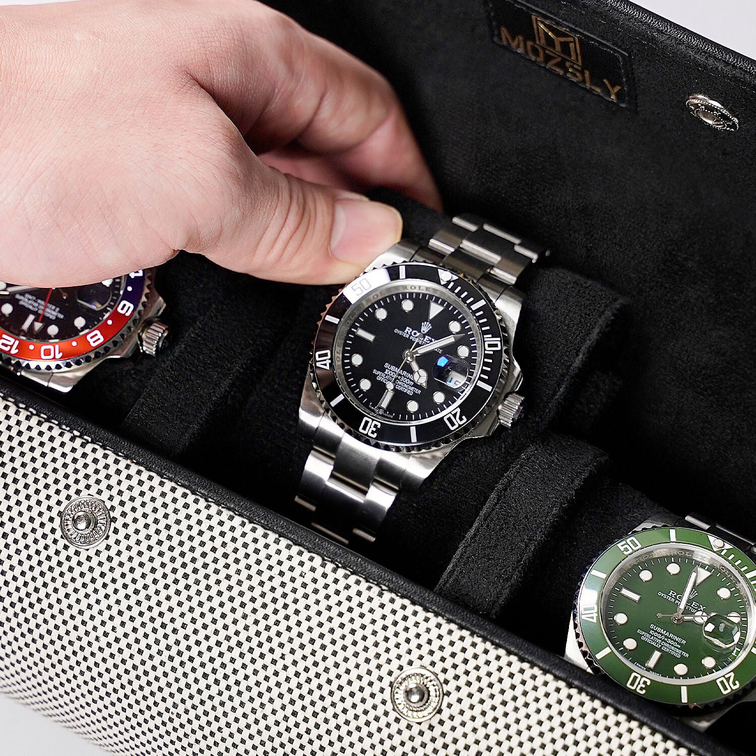 MOZSLY Travel Watch Roll for 3 Watches-Elegant Black-White -Watch Roll- Mozsly