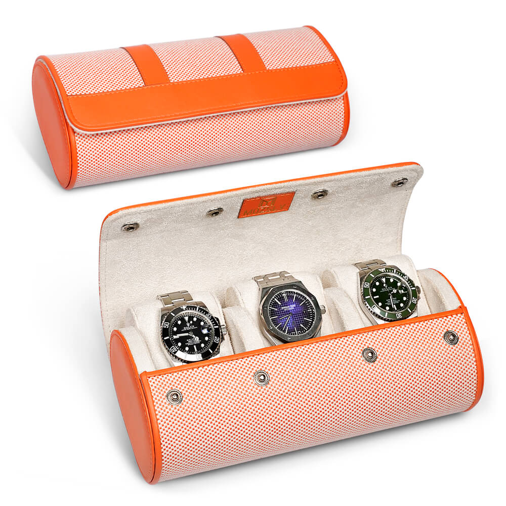 MOZSLY Travel Watch Roll for 3 Watches-Elegant Orange-White -Watch Roll- Mozsly