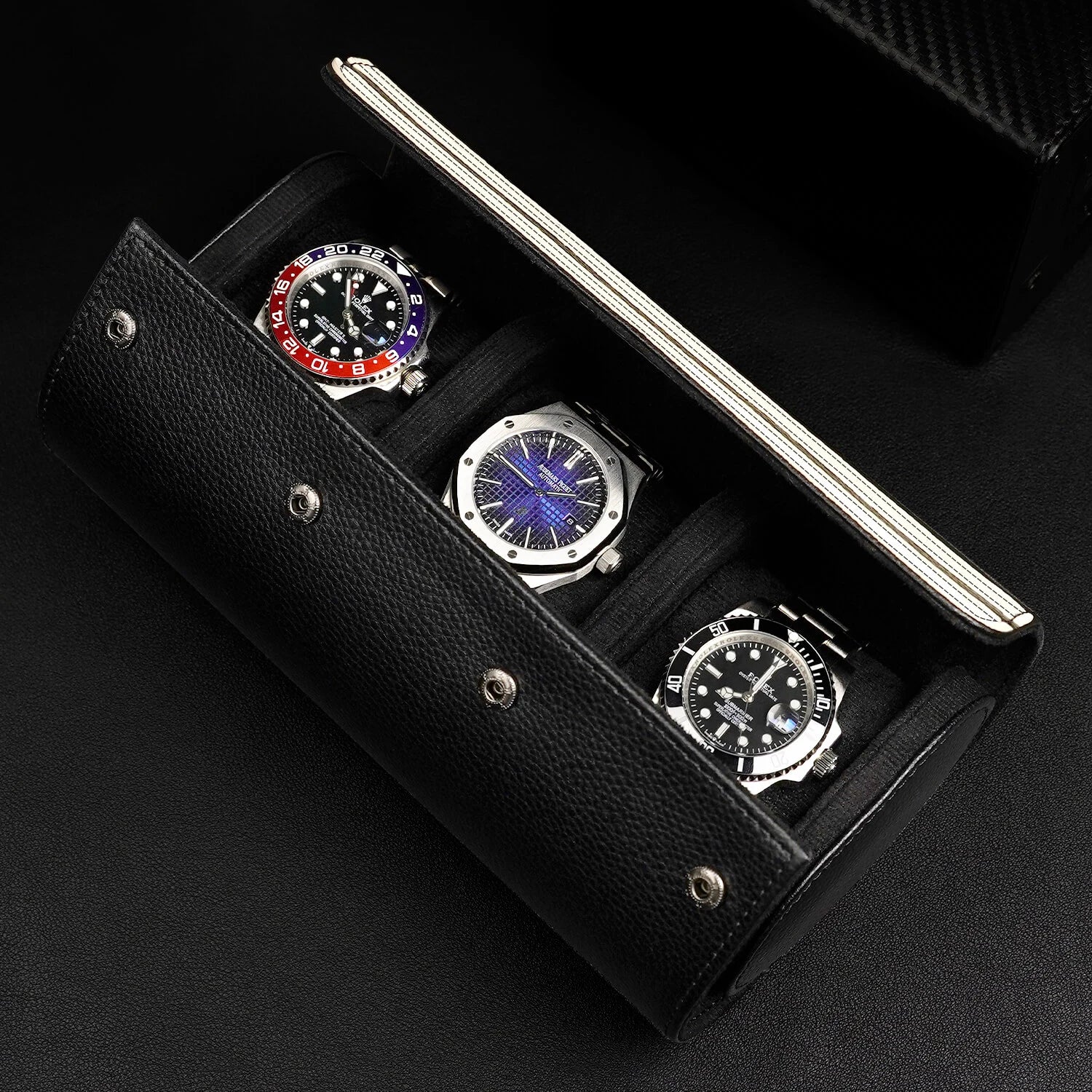 best luxury leather 3 watch roll-Black_07